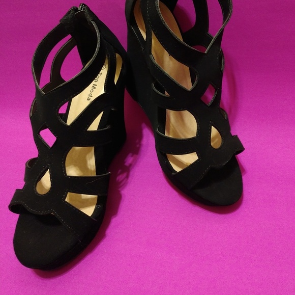 Black Open Toe Ankle Suede Strappy Wedges - Picture 3 of 8